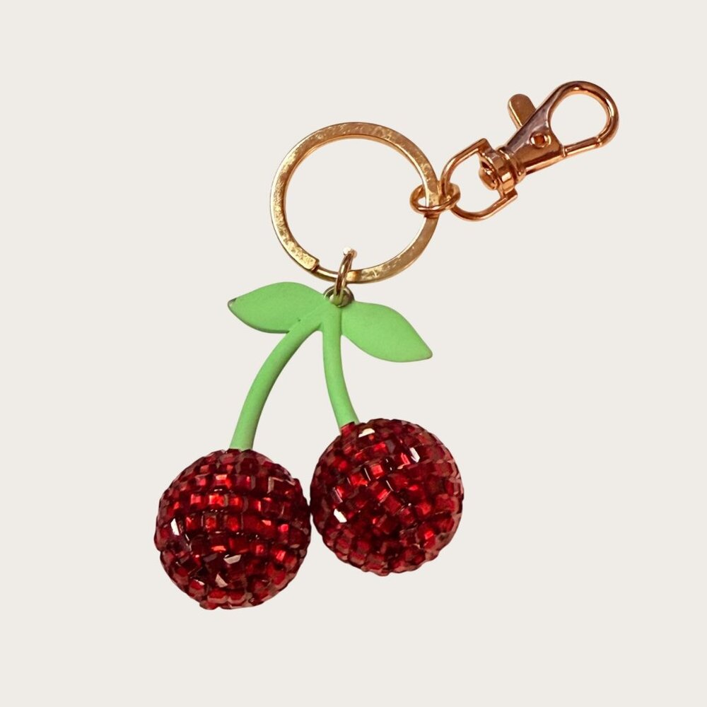 Sparkly Red Cherry Keychain Keyring Bag Clip With Green Stem Gold-Tone Hardware